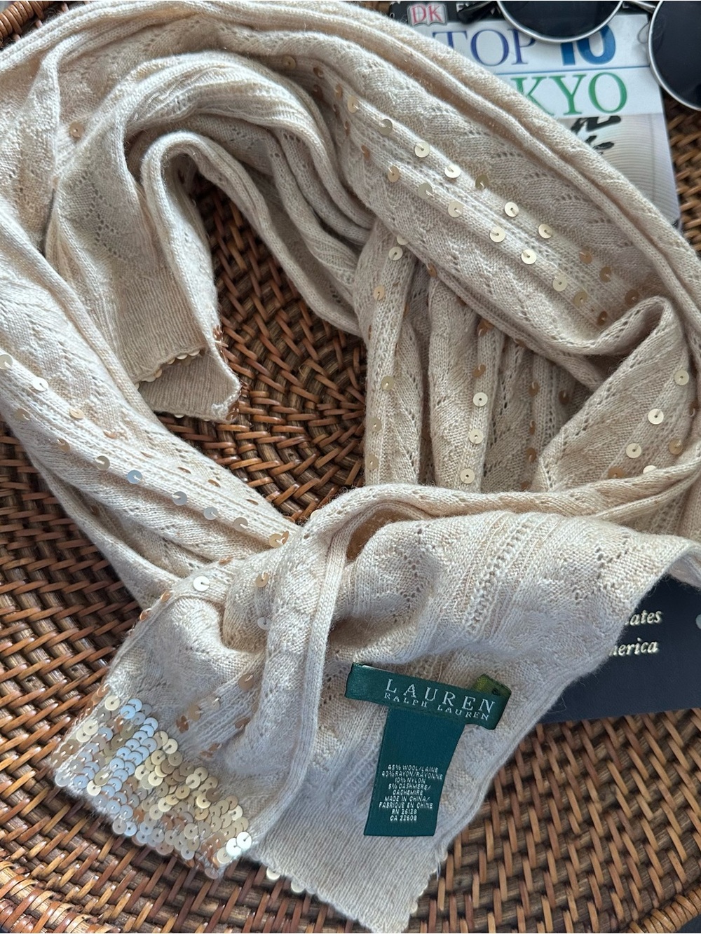 Ralph Lauren Wool Cashmere Blend Sequin-Trim Cable-knit Knit Scarf